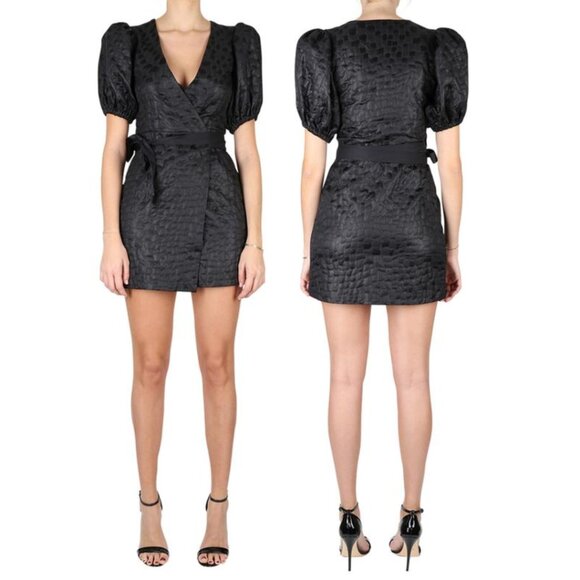 NWT Rotate Birger Christensen Frida Mini Wrap Dress Black Sz 38 Textured Satin - Picture 1 of 9